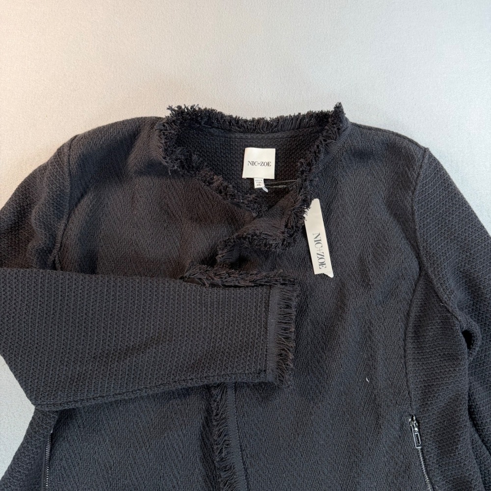 Nic + Zoe Black Textured Knit Frayed Trim Jacket XL NWT Zip Pockets Button Cuffs - Picture 7 of 8